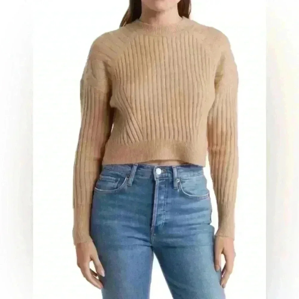 Sofie Rue Cropped Ribbed Tan Crew Neck Sweater Size Small